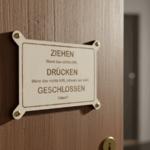 Lustiges Türschild für Menschen, die nicht wissen, wie eine Tür funktioniert