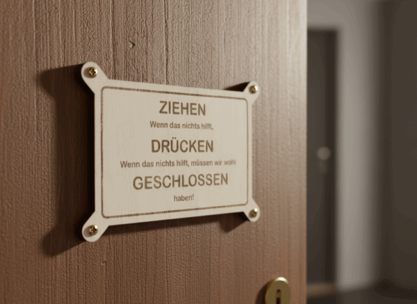 Lustiges Türschild für Menschen, die nicht wissen, wie eine Tür funktioniert